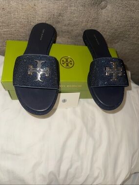 Tory Burch Navy Sparkle Logo Slide Sandals